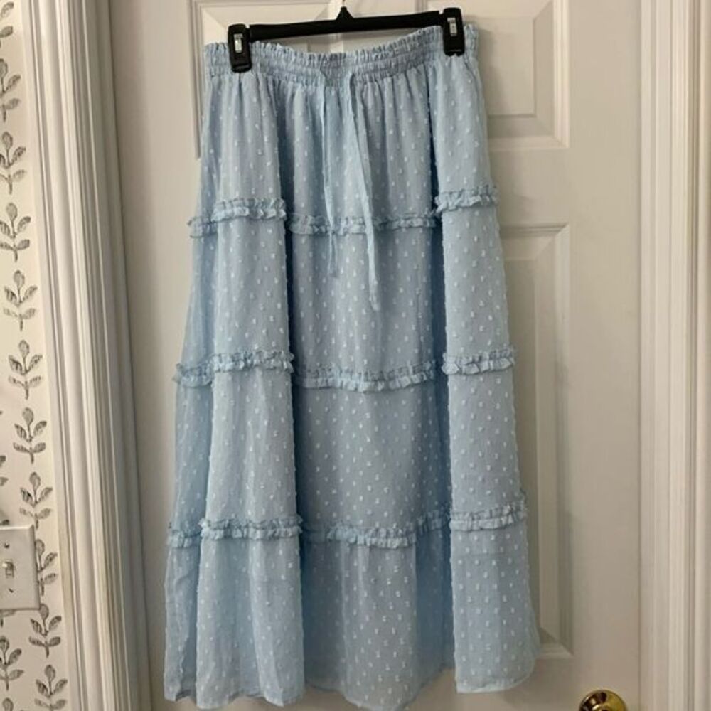 Size Large Swiss Dot Pattern Peasant skirt with four tiers.  Pastel blue